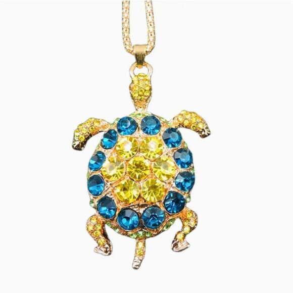 Betsey Johnson Necklace Blue & Yellow Turtle Pendant Gold Tone - Picture 1 of 3